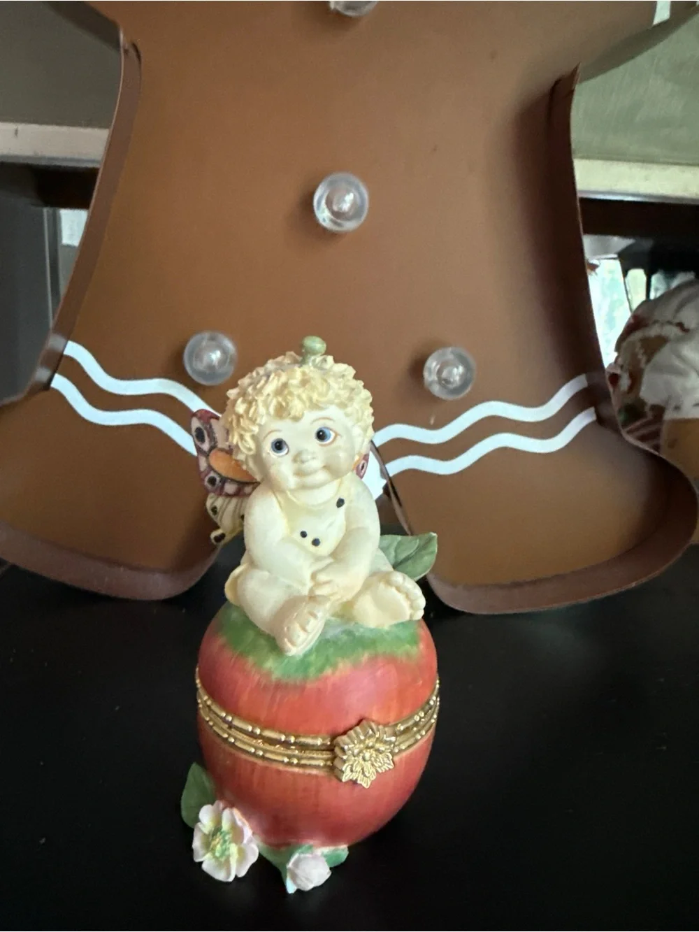 Vintage 1980’s Cherub Fairy Trinket Box on Red Apple - Decorative Home Accent
